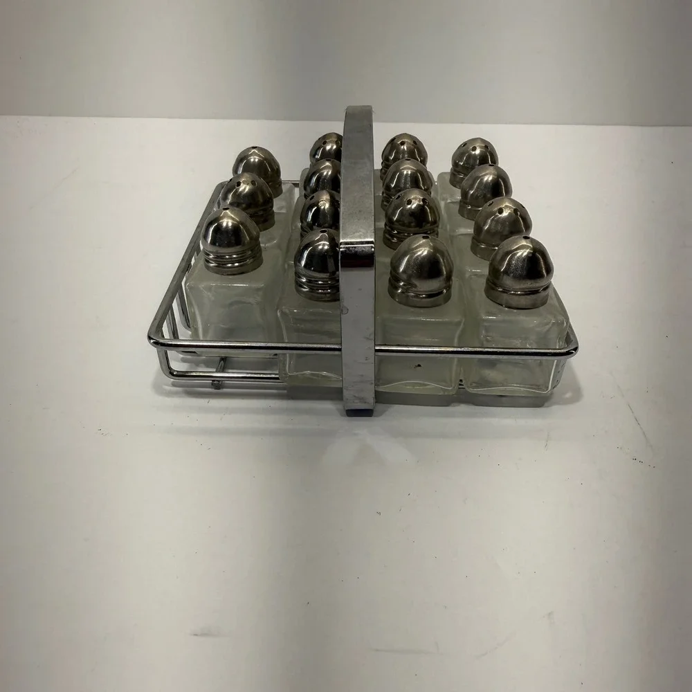 Vintage 15 Piece Glass Salt Pepper Spice Shaker Set with Chrome Caddy Rack